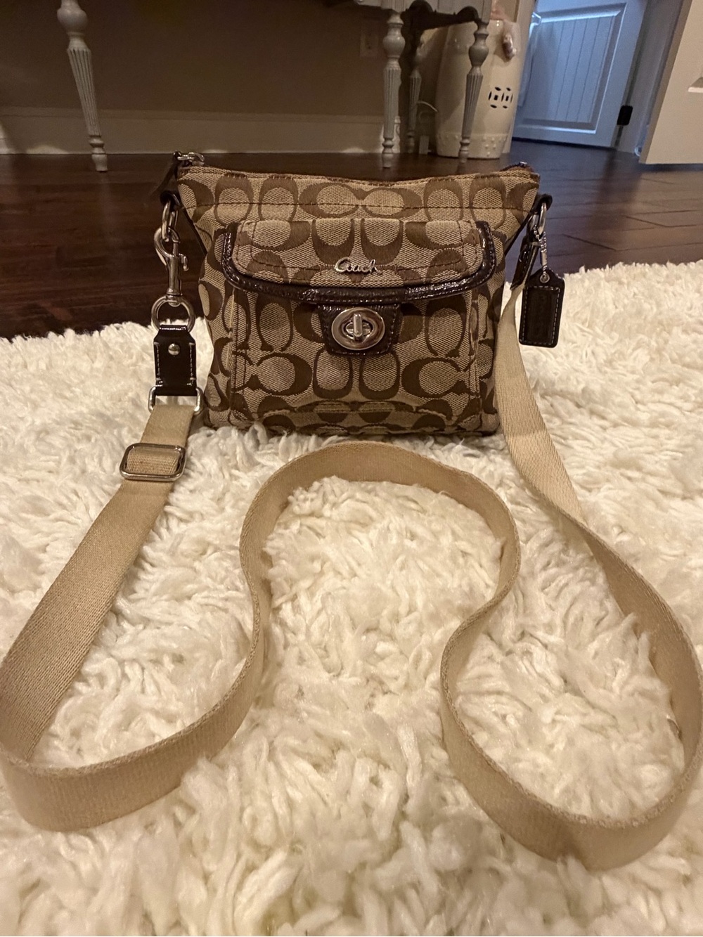 Coach Khaki Signature Canvas Crossbody with Brown Trim
